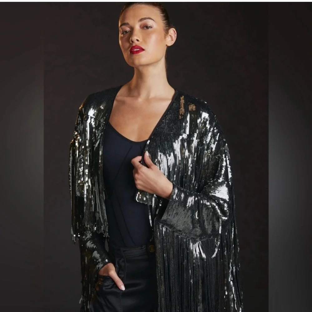 By Anthropologie Green Silver Black Sequin Fringed Jacket Large EUC Rare - Picture 4 of 10